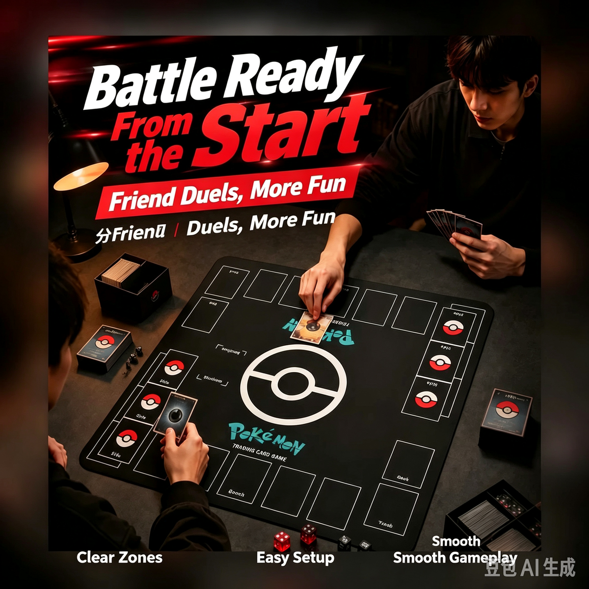 TCG Playmat for 2 Players, Trading Card Game Battle Mat, Board Game Card Playmat Compatible with Pokemon and Other Standard Card Games